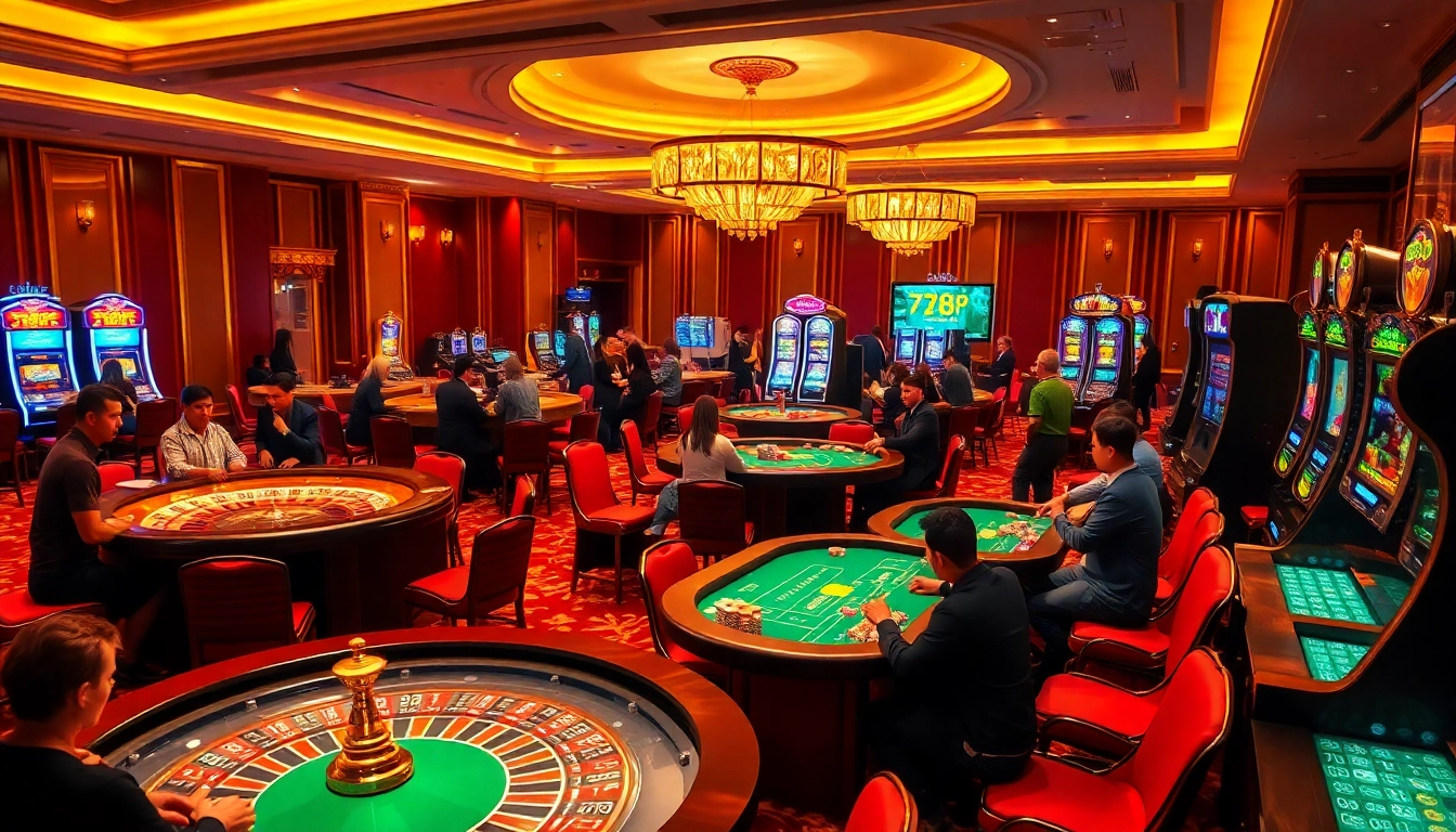 Players enjoy exciting games at a luxury casino featuring 789p betting options, roulette, and slot machines.