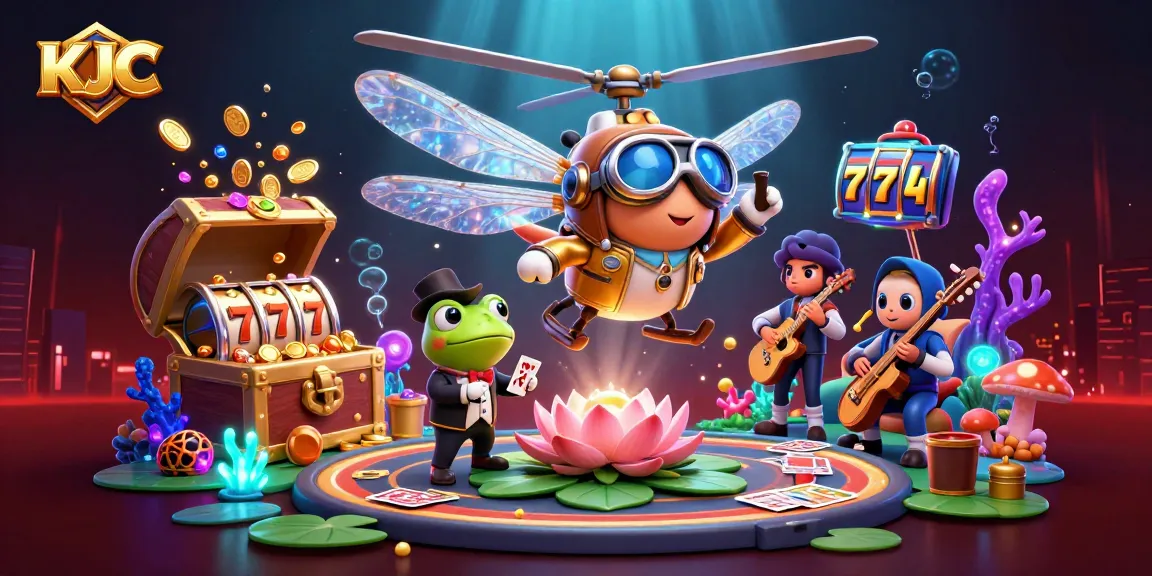 KJC casino scene featuring a dragonfly pilot, frog croupier, and vibrant jazz musicians surrounded by slot reels and treasure.