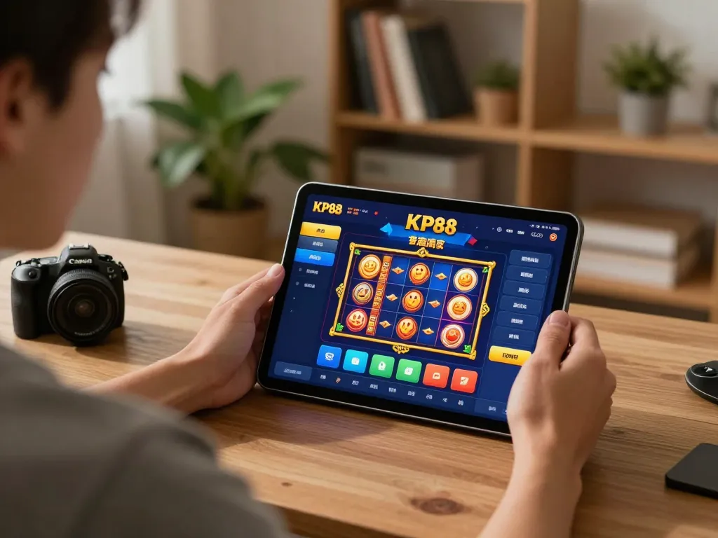 Engaging user playing KP88 casino slots on tablet in cozy home setup, highlighting online gambling.