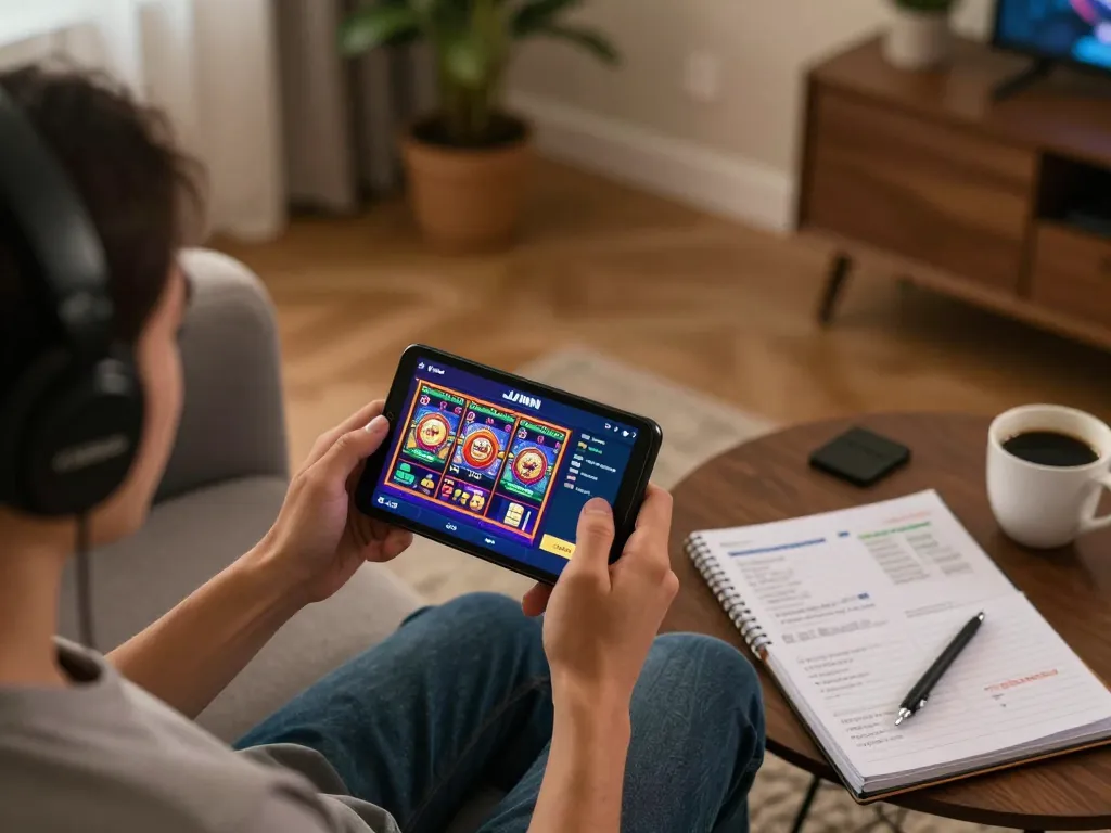 Engaging in online casino gaming using the JJNN link app, showcasing an inviting home setup.