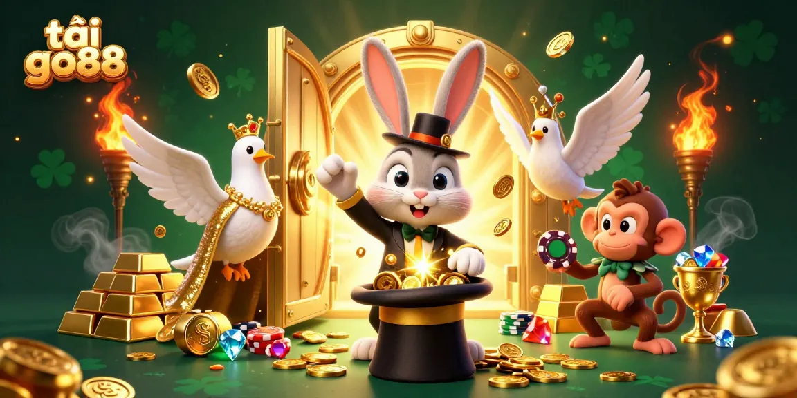 Experience the thrill of tải go88 as a magician rabbit pulls golden coins, creating a captivating casino scene.