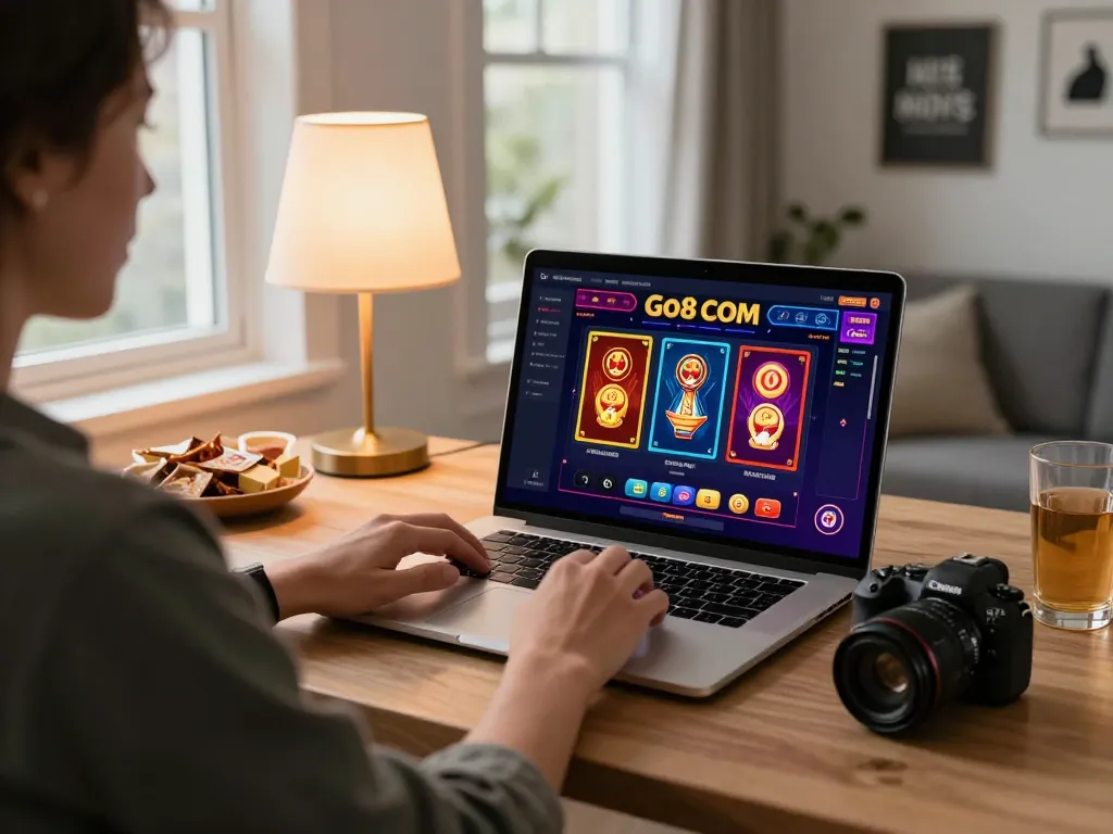 Enjoy the Go8 com experience with a laptop displaying online casino games in a cozy home setting.