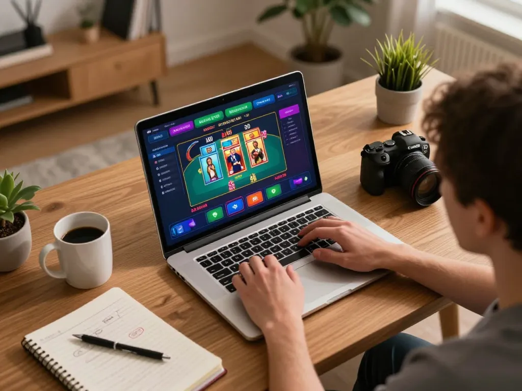 Kubet gaming setup shows player engaging with online poker on a laptop, cozy home environment with strategy notebooks.