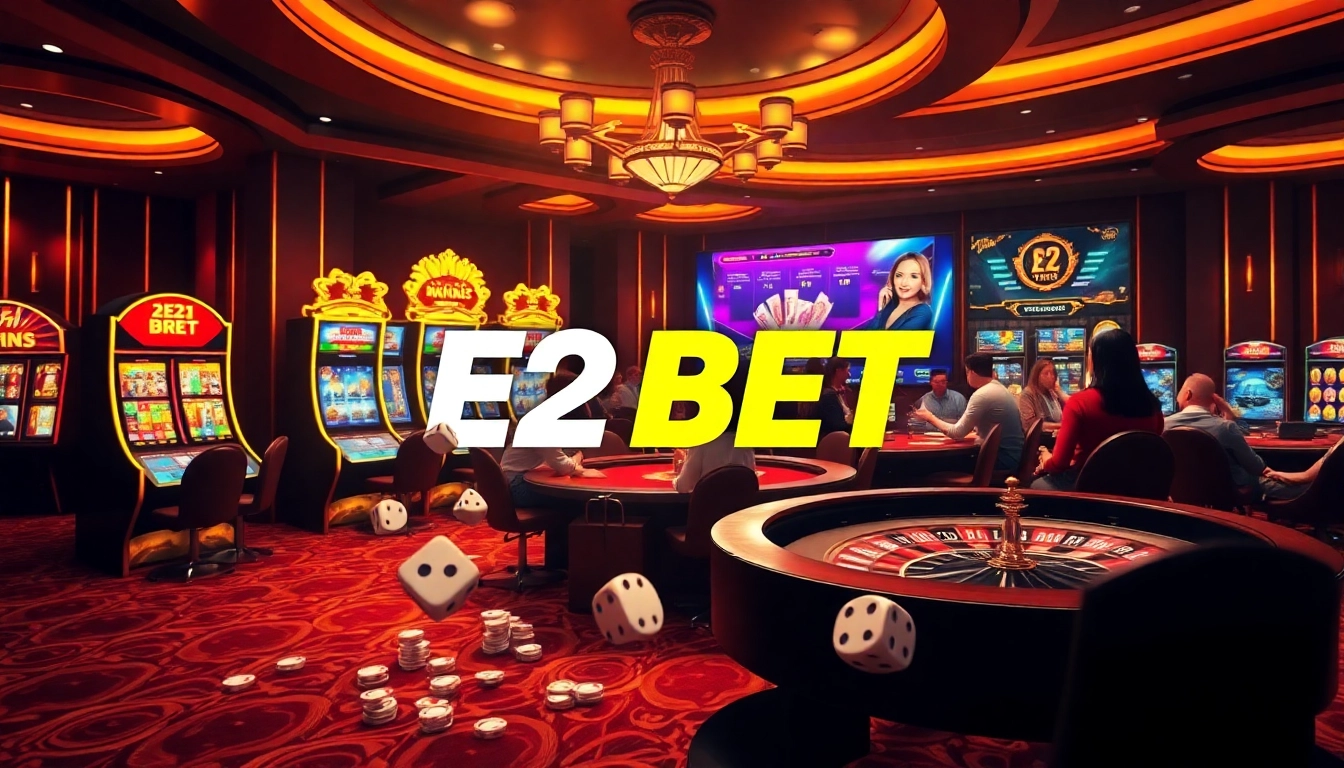 Experience the thrill of E2 BET with vibrant casino visuals and engaging gambling elements.