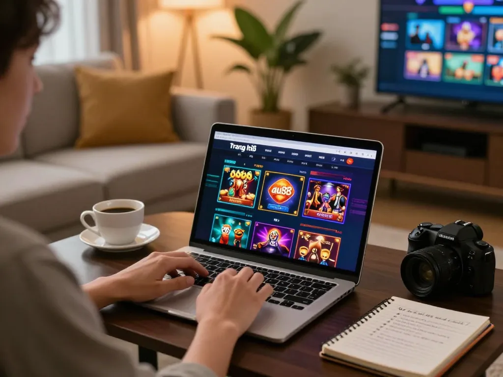 Playing on the trang chủ au88 platform with engaging casino graphics in a cozy home setup.