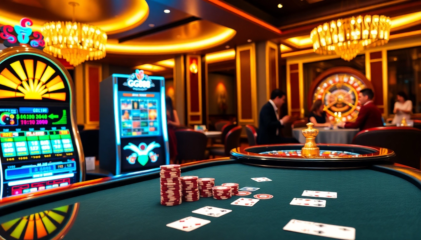 Players enjoying the thrilling atmosphere at GG88's exciting casino tables filled with poker chips.