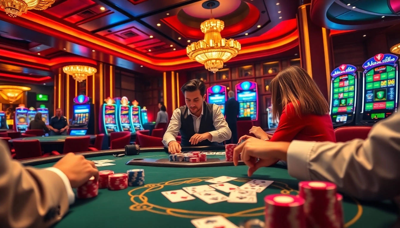 Players strategizing bets at Go8's dynamic casino tables with poker chips and cards.
