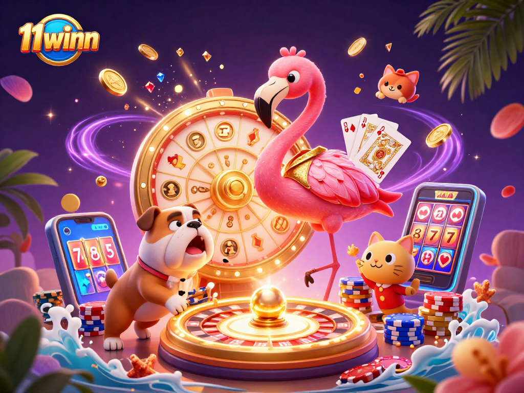 Experience exciting wins at 11winn with lively casino elements and characters in this dynamic scene.