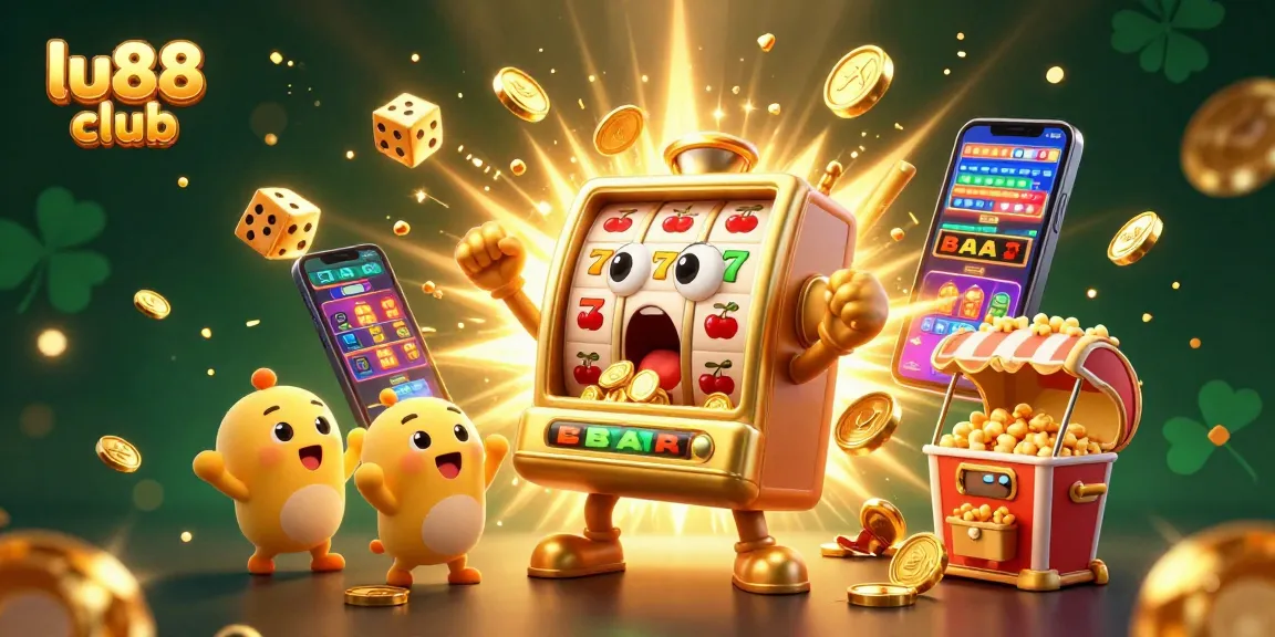 Spin and win at lu88 club with a lively jackpot celebration scene featuring slot machines and treasures.