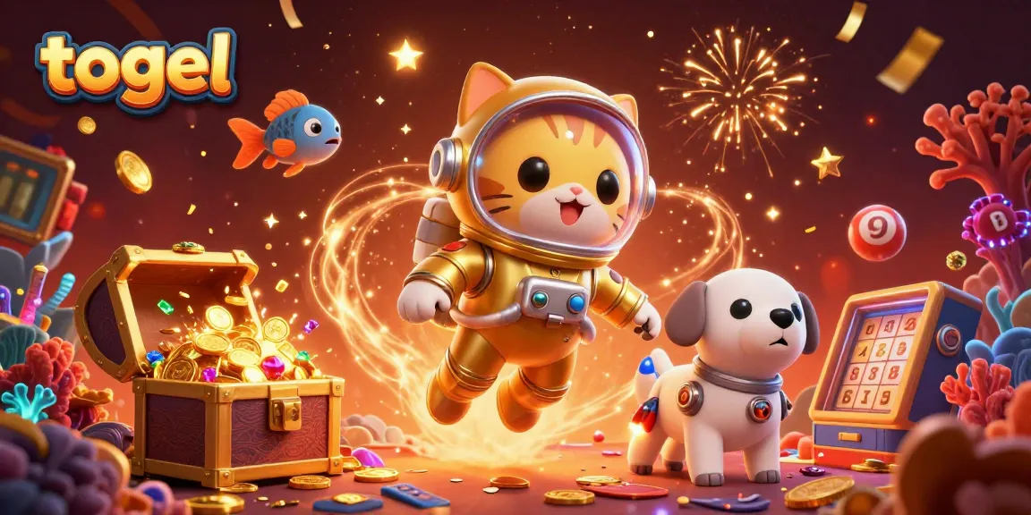 Experience thrills in togel gaming with a vibrant 3D illustration of a space cat and robot dog amid lottery elements and cosmic effects.