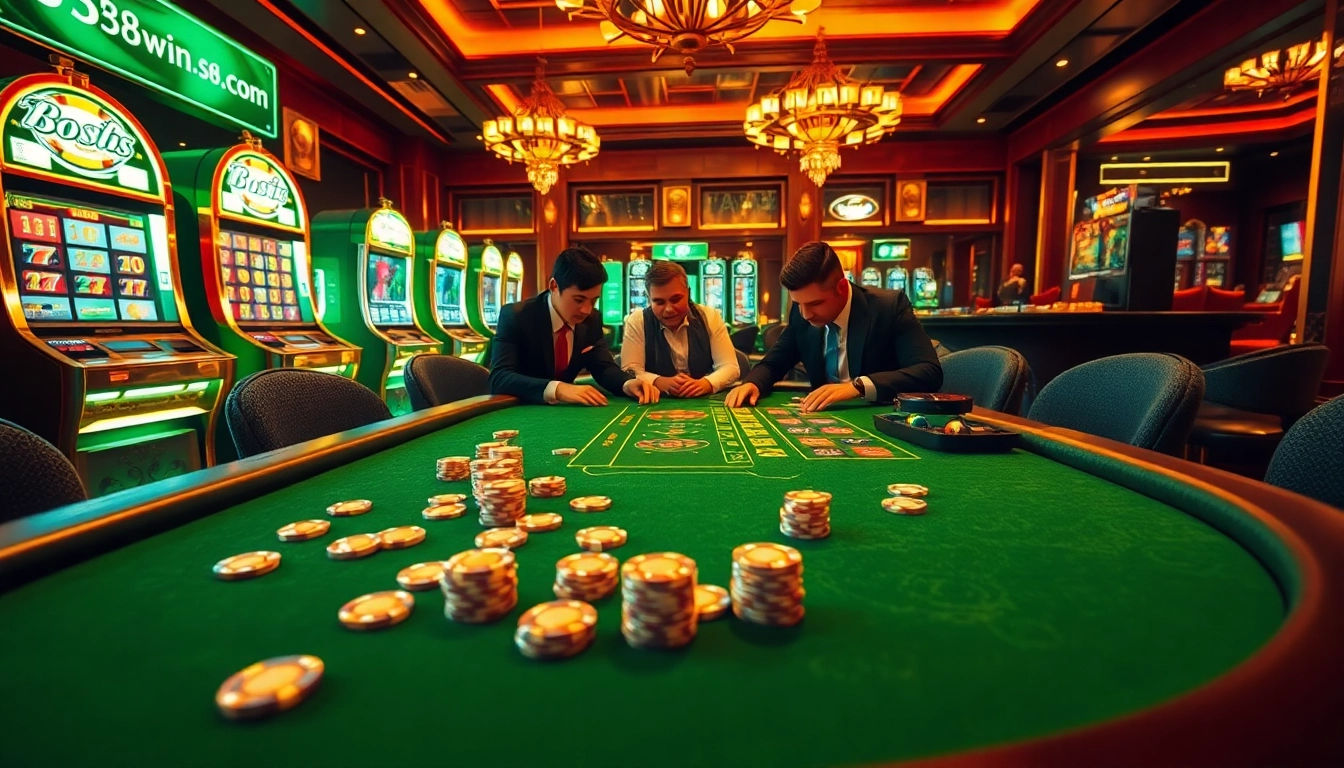 Professional players strategizing at 58win.com poker table in an upscale casino.
