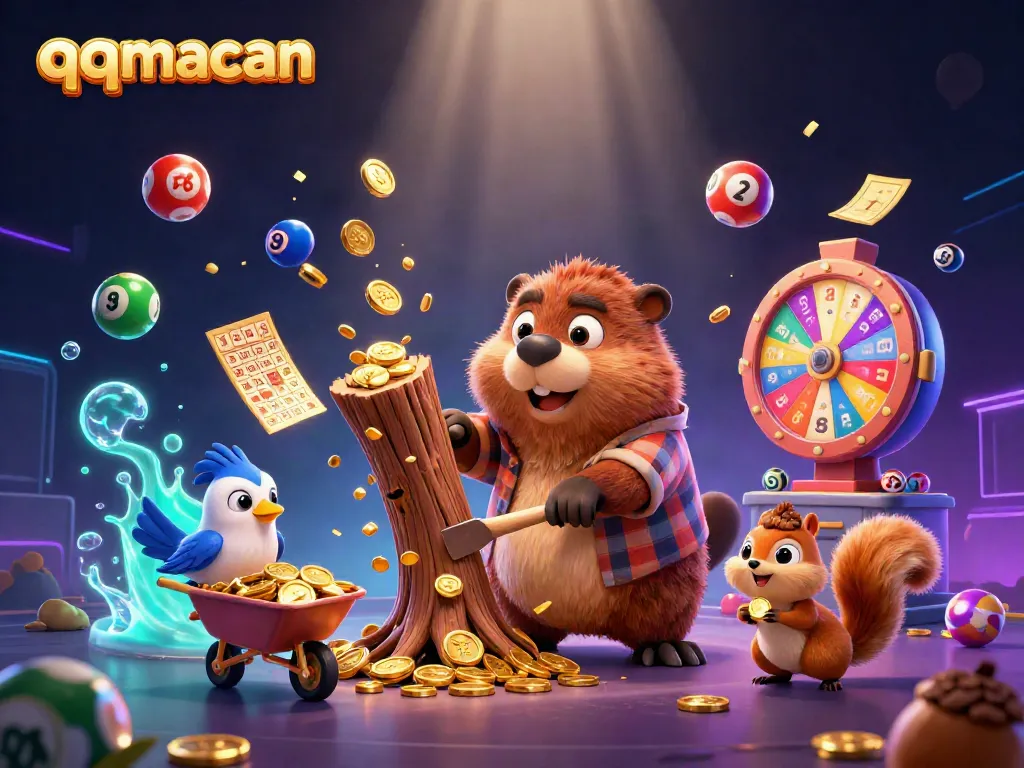 Experience thrilling wins with qqmacan in this vibrant 3D casino scene featuring a beaver and friends.