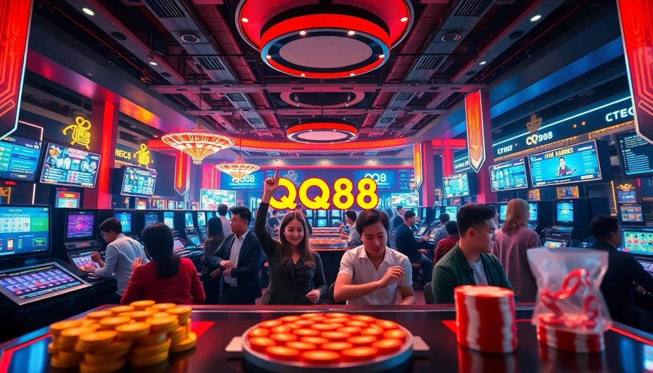 Players enjoying online games at QQ88 casino with vibrant atmosphere.