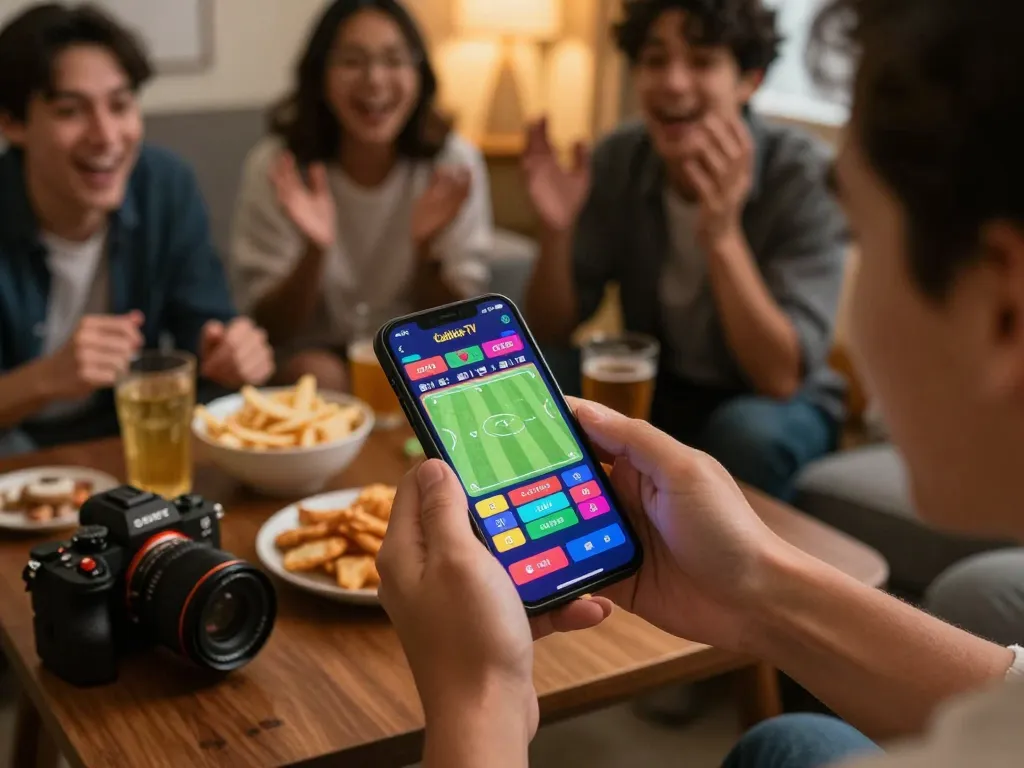 Person placing bets on Cakhia TV app during a live football match with friends