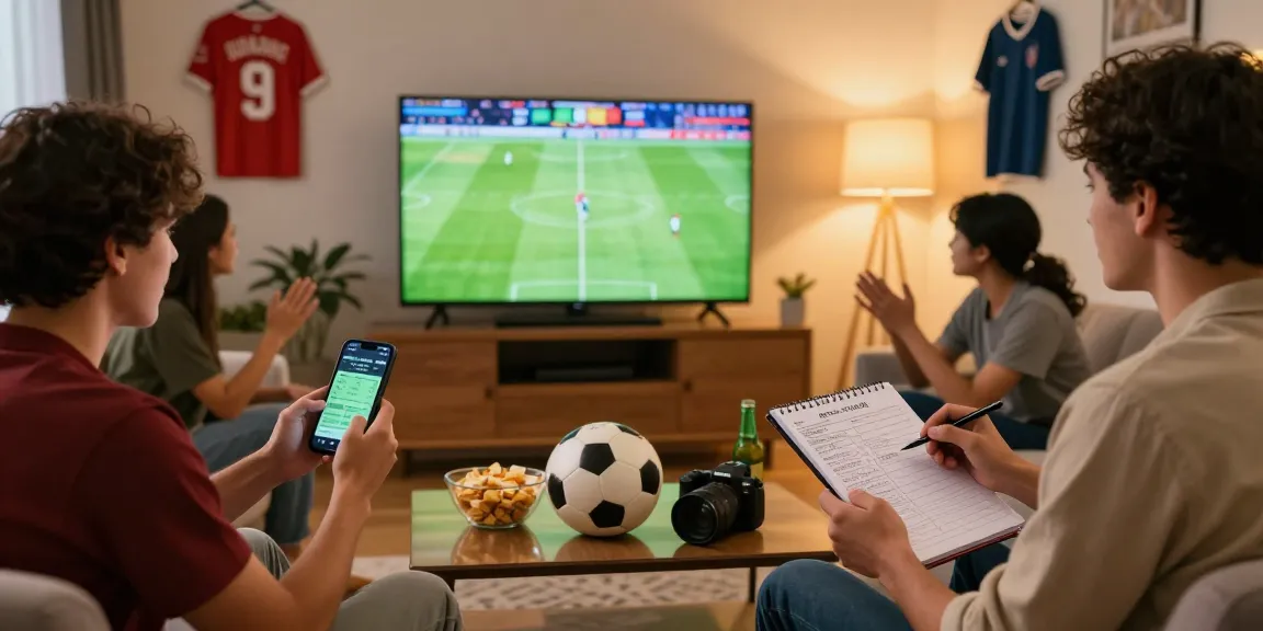 Friends excitedly watching a football match while analyzing ty le keo nha cai in a cozy living room.