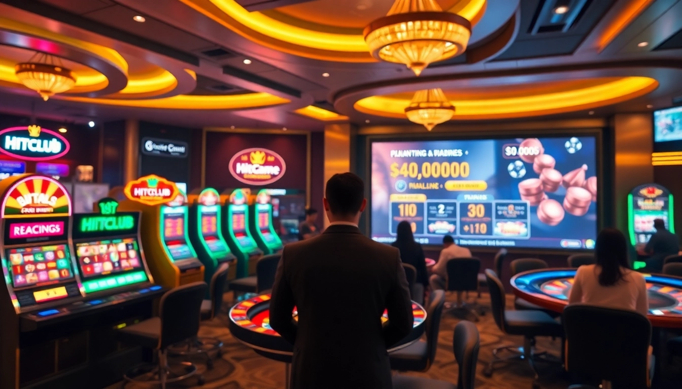 Engaging scene showcasing Cổng game Hitclub with vibrant online gambling elements like slots, poker chips, and a roulette wheel.