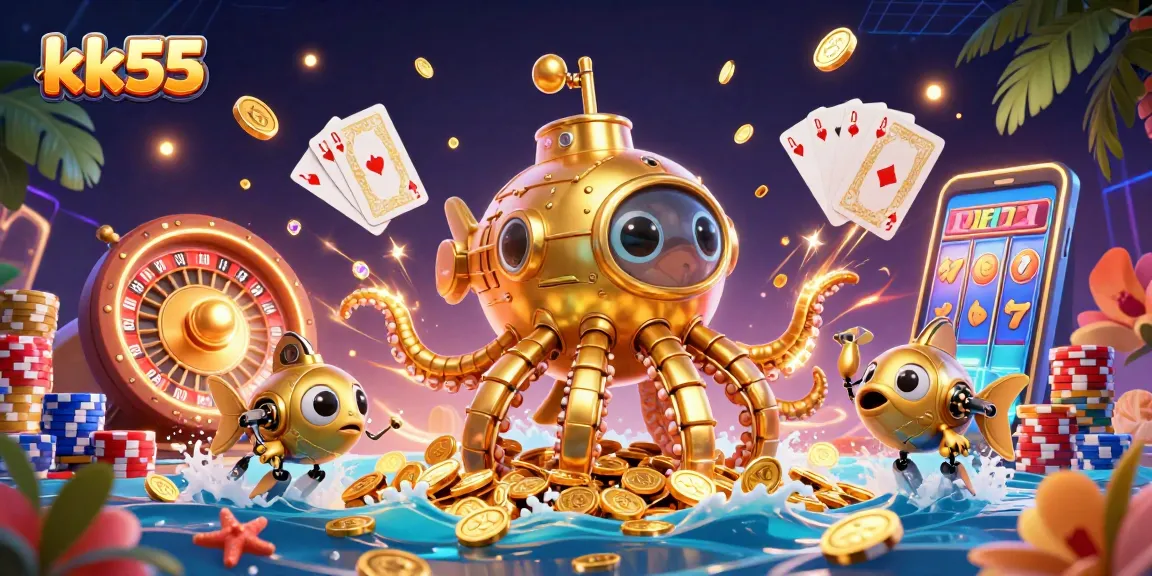 Experience thrilling games and jackpots with kk55 amidst golden coins and vibrant casino action.
