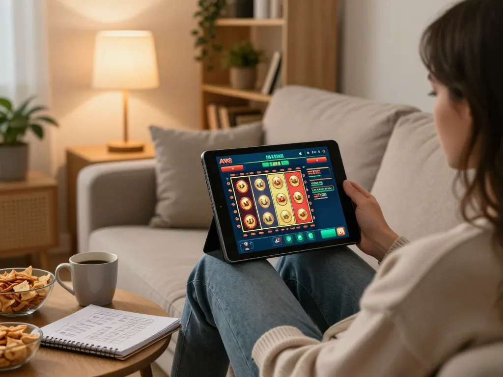 Player enjoying dynamic slot game on AW8 app, showcasing engaging interface and cozy home setting.
