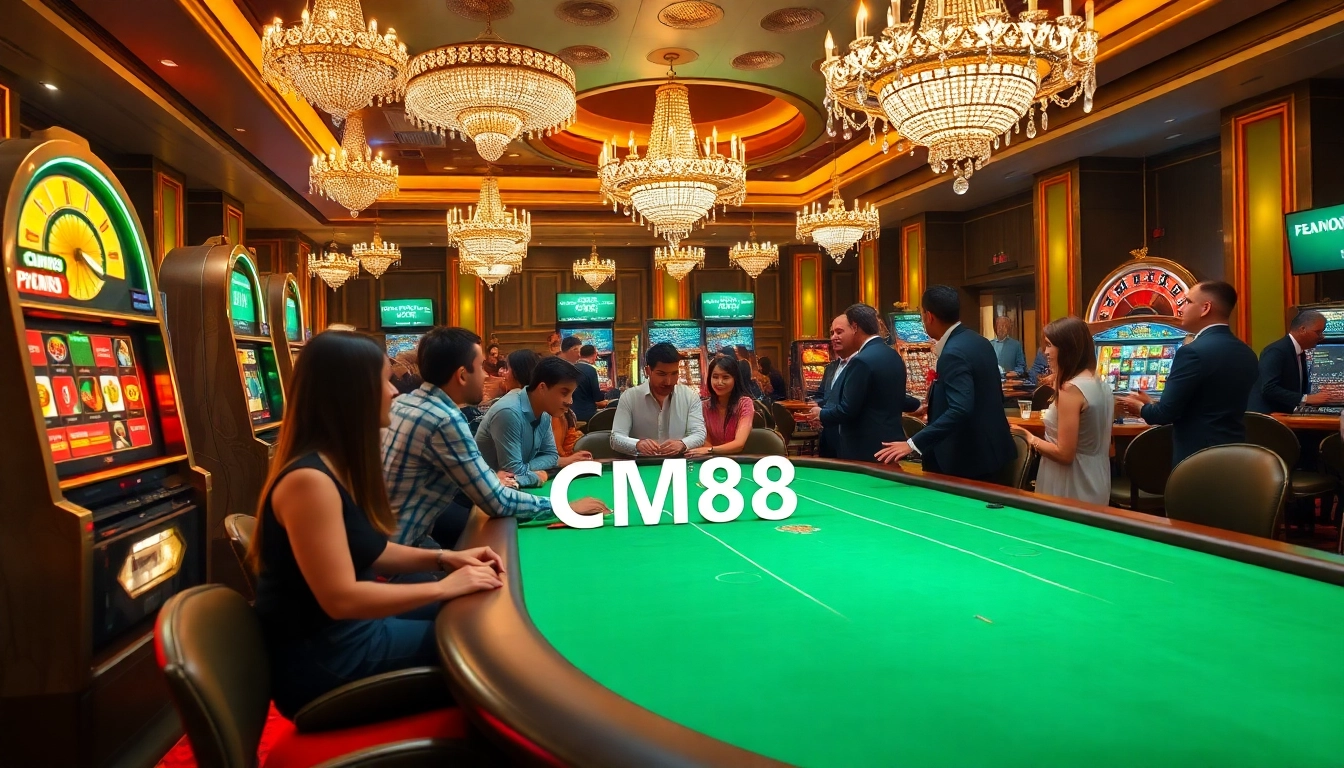 Experience the thrill of casino gaming with CM88 at a vibrant poker table, featuring players and luxurious decor.