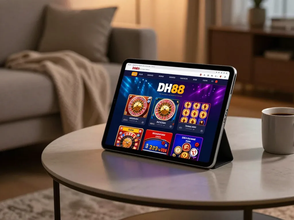 Engaging online gaming session showcasing DH88 tablet interface with poker and slots.
