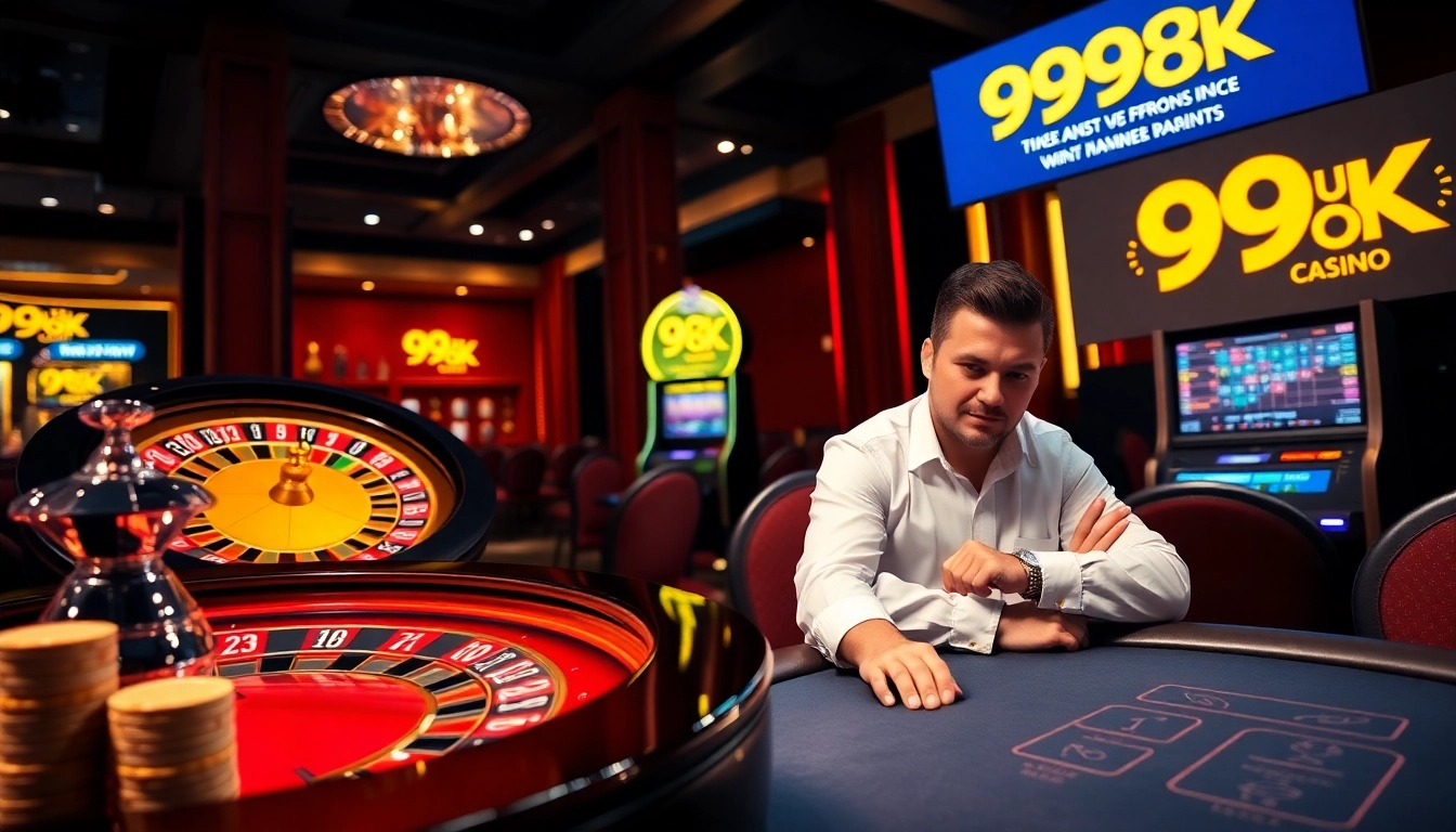 Experience the thrill of winning at 99 OK casino with vibrant poker chips and roulette.