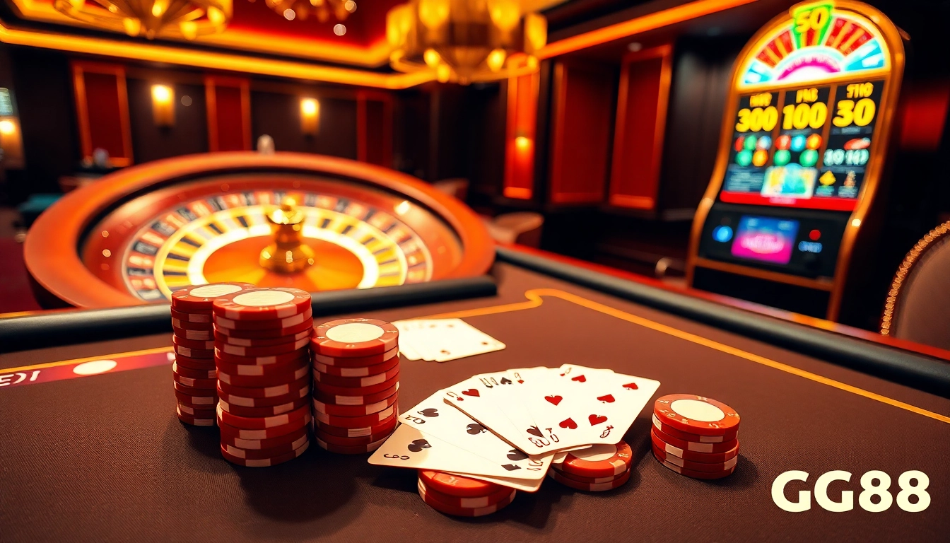 Engage in high-stakes gaming at GG88 with vibrant chips, cards, and a glowing roulette wheel.