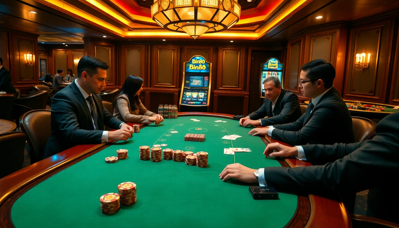 Experience the excitement at Bin88 casino with a luxurious poker scene showcasing high stakes gaming.