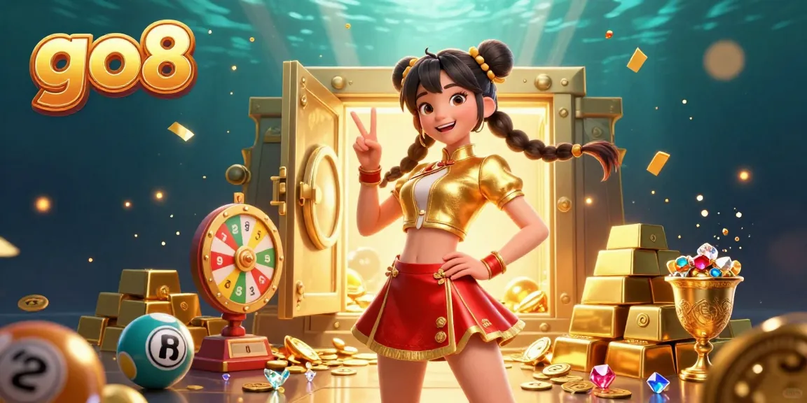 Experience vibrant gaming at go8 with a stunning scene of a joyful woman surrounded by prizes and sparkling gold.