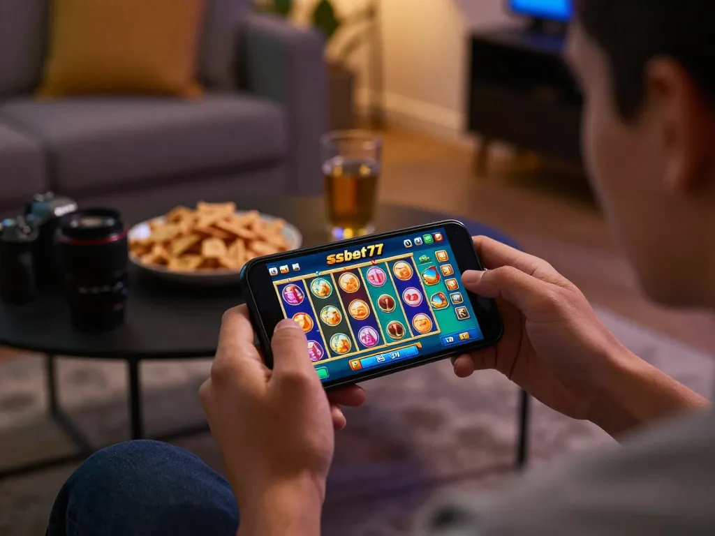 Playing exciting slot games on ssbet77 app with a smartphone in cozy home setting.