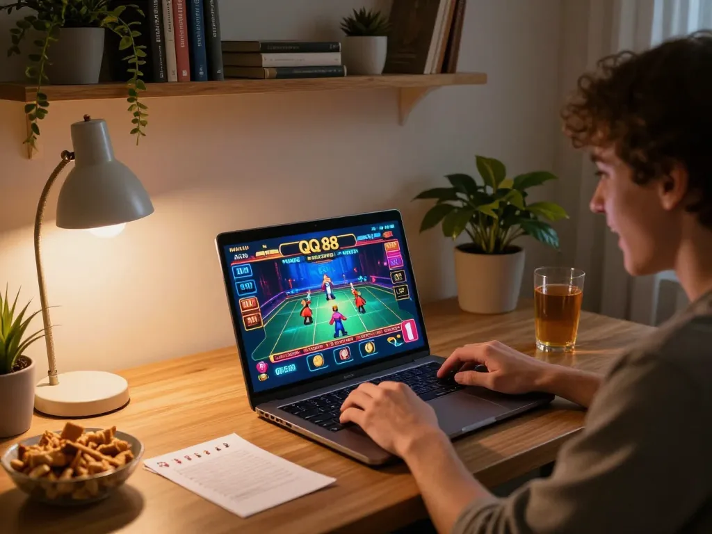 Engaging online gaming moment playing qq 88 on a laptop at a cozy home desk setup.