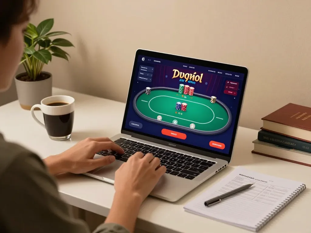 C168 user engaging in online poker with laptop displaying game interface, strategic notes and coffee nearby.