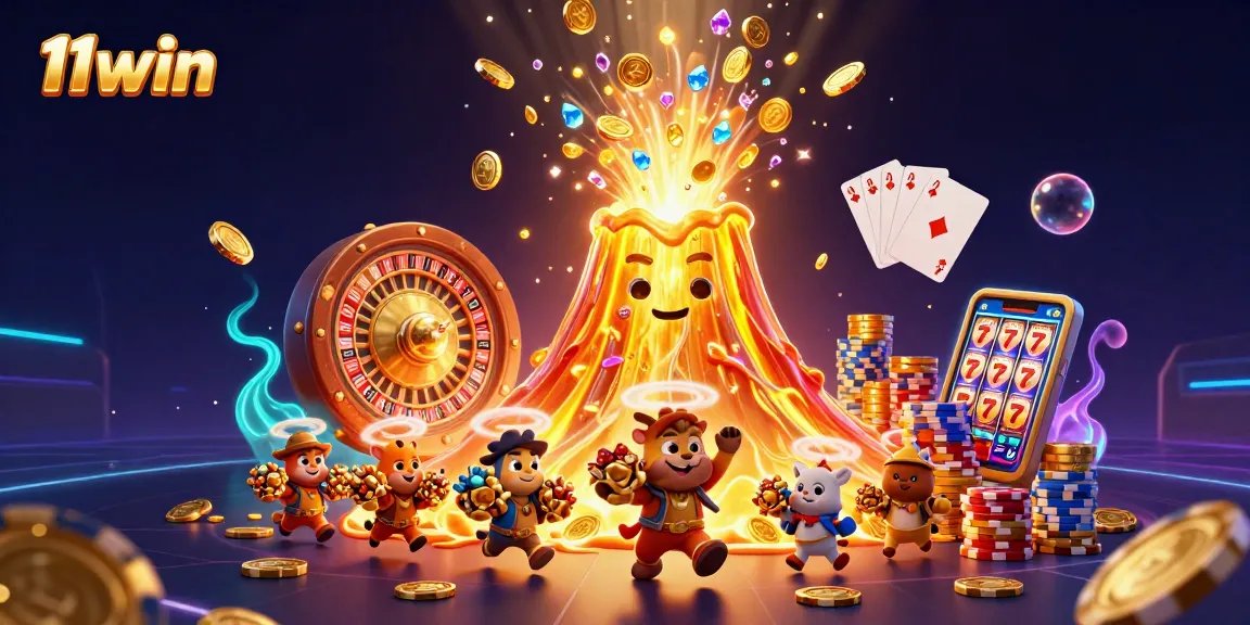 11win showcases an exciting eruption of treasures in a 3D casino-themed illustration.