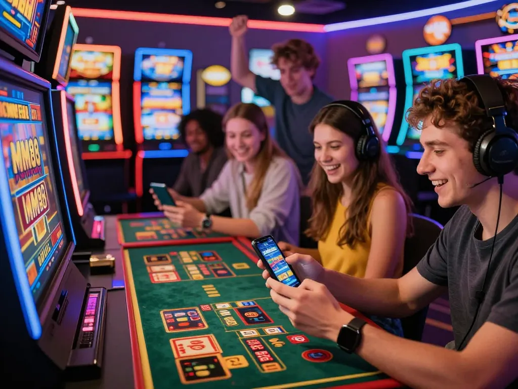 Engaged players exploring casino games online with MM88 link on smartphones in a lively digital casino atmosphere.