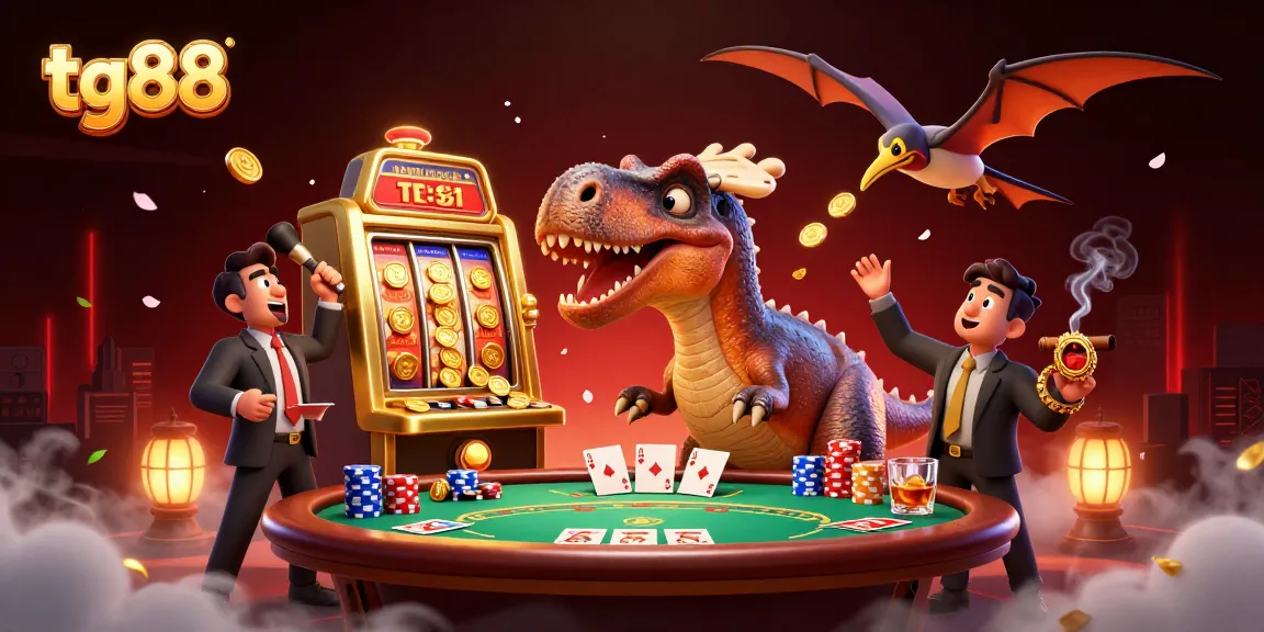 tg88's pachycephalosaurus celebrates a jackpot win at a bustling casino scene.