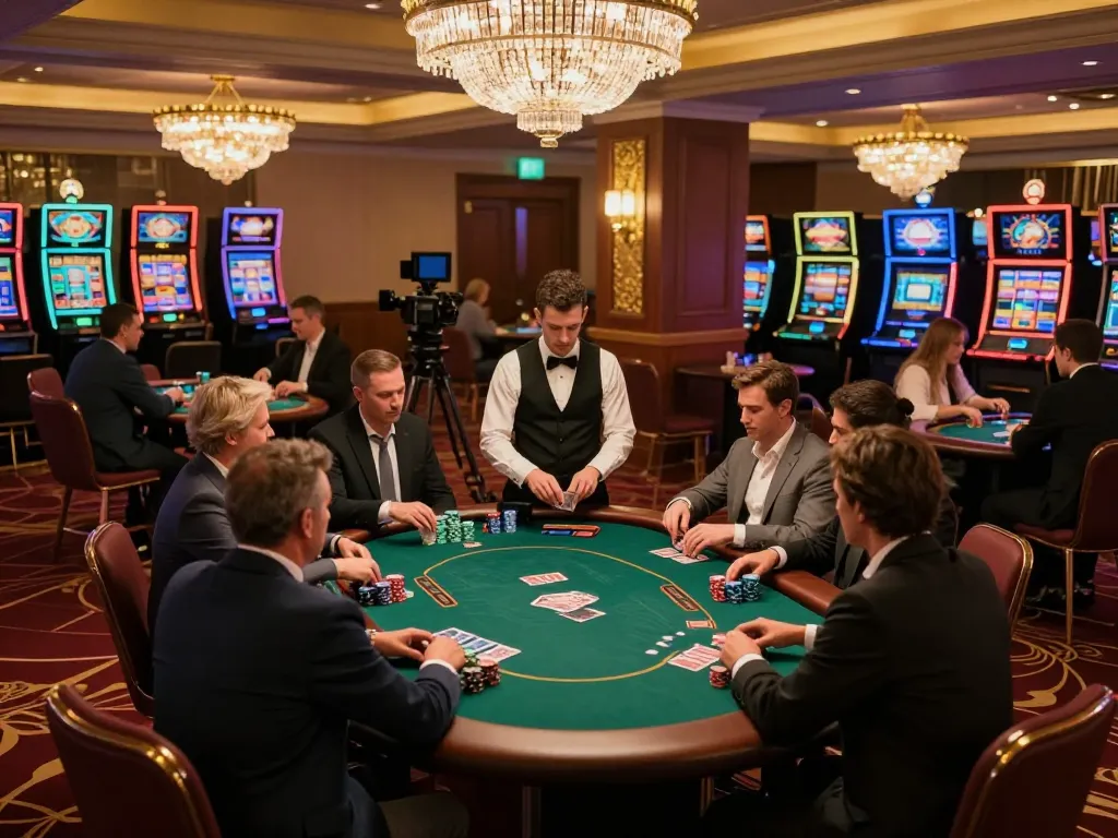 Players engaging in a lively poker game at a luxurious casino while enjoying the thrilling atmosphere of 789 win.