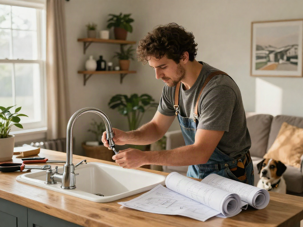 Home repair services Des Moines Iowa: Handyman fixing a leaky faucet in a cozy living room.