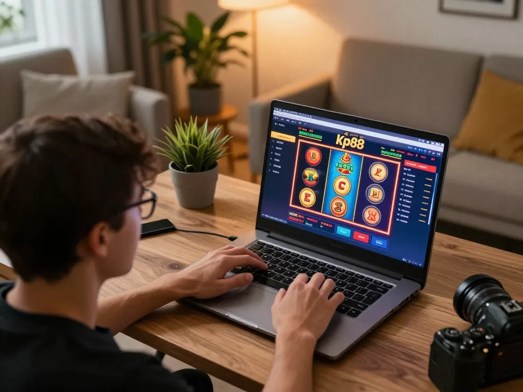 Engaging in kp88 online gaming with colorful slot games displayed on a laptop.