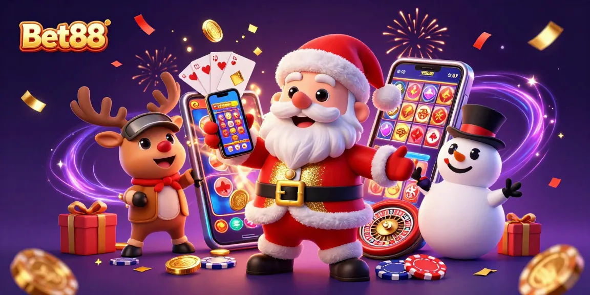 Bet88 brings excitement with a festive 3D casino scene featuring Santa and friends.