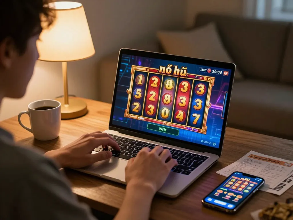 Player engaging in game nổ hũ session on a laptop, showcasing vibrant online slots and strategic play.