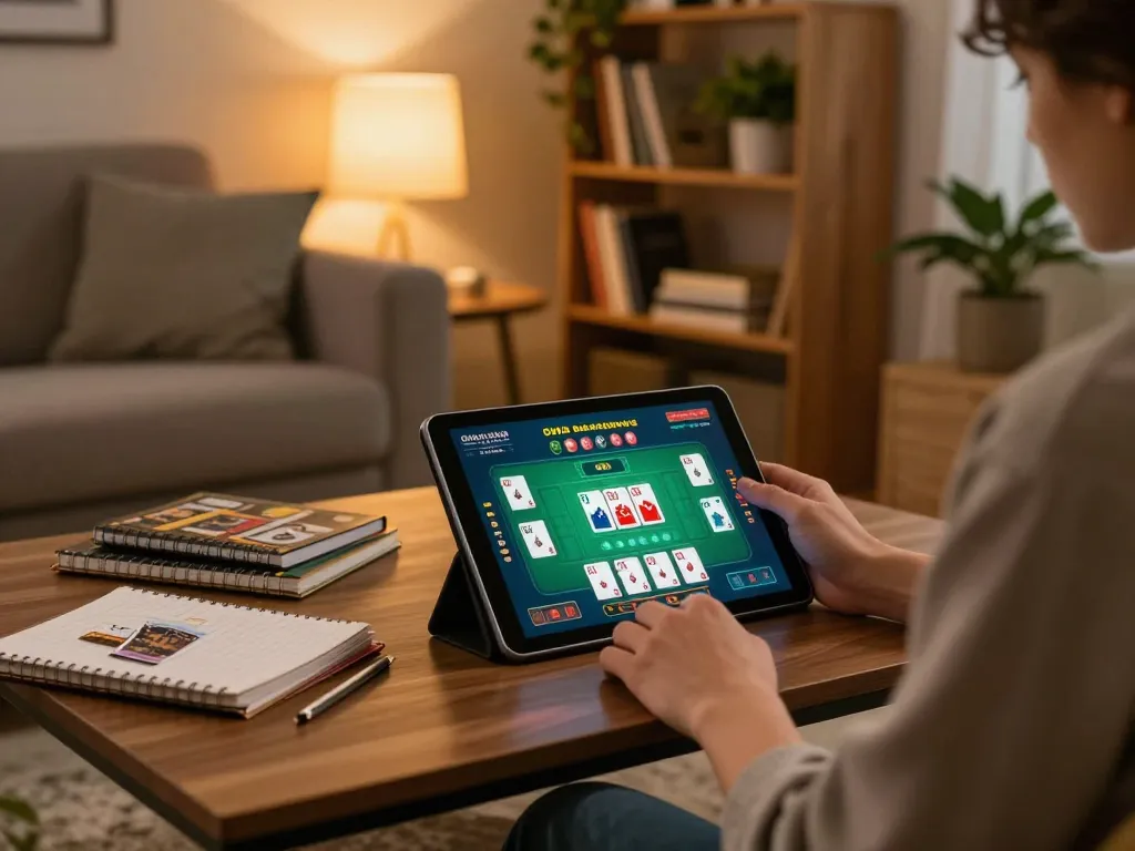 Person enjoying ALO8 casino games at home with tablet, comfortable gaming atmosphere.