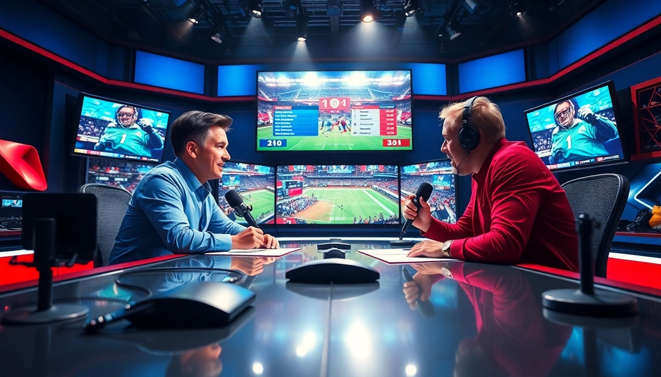 Engaging sports broadcasting discussion with anchors in a vibrant studio setup.