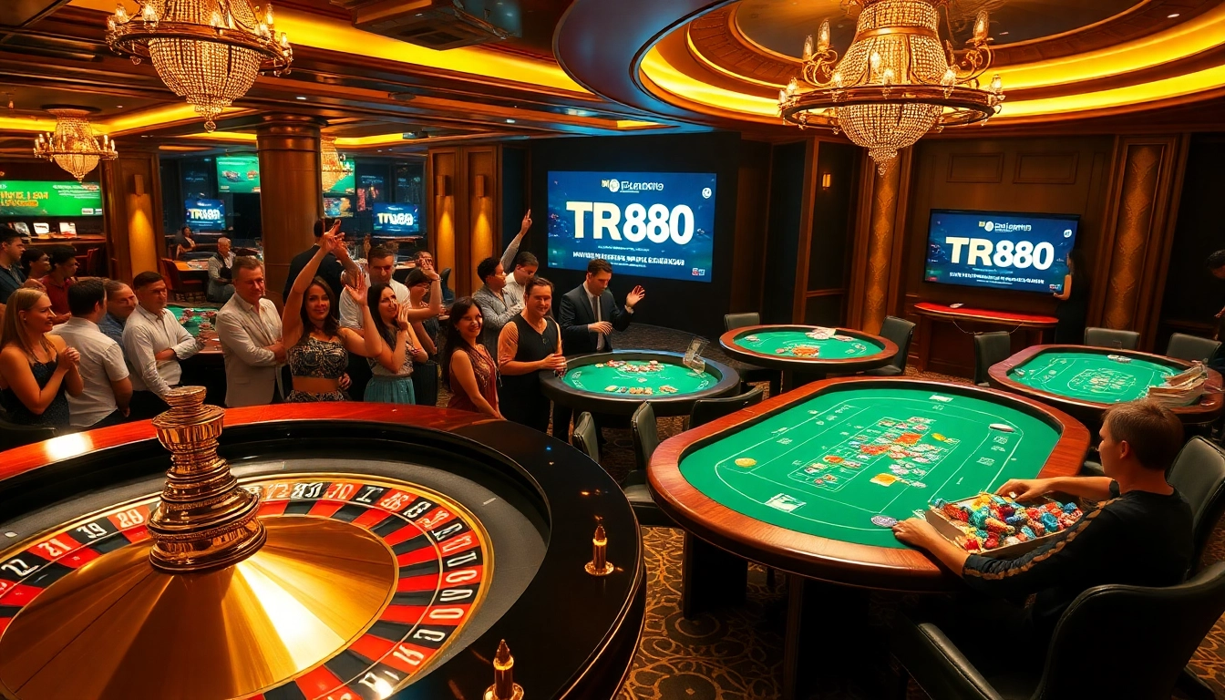 Players immerse in the excitement of TR88 with vibrant poker chips and a roulette wheel in view.