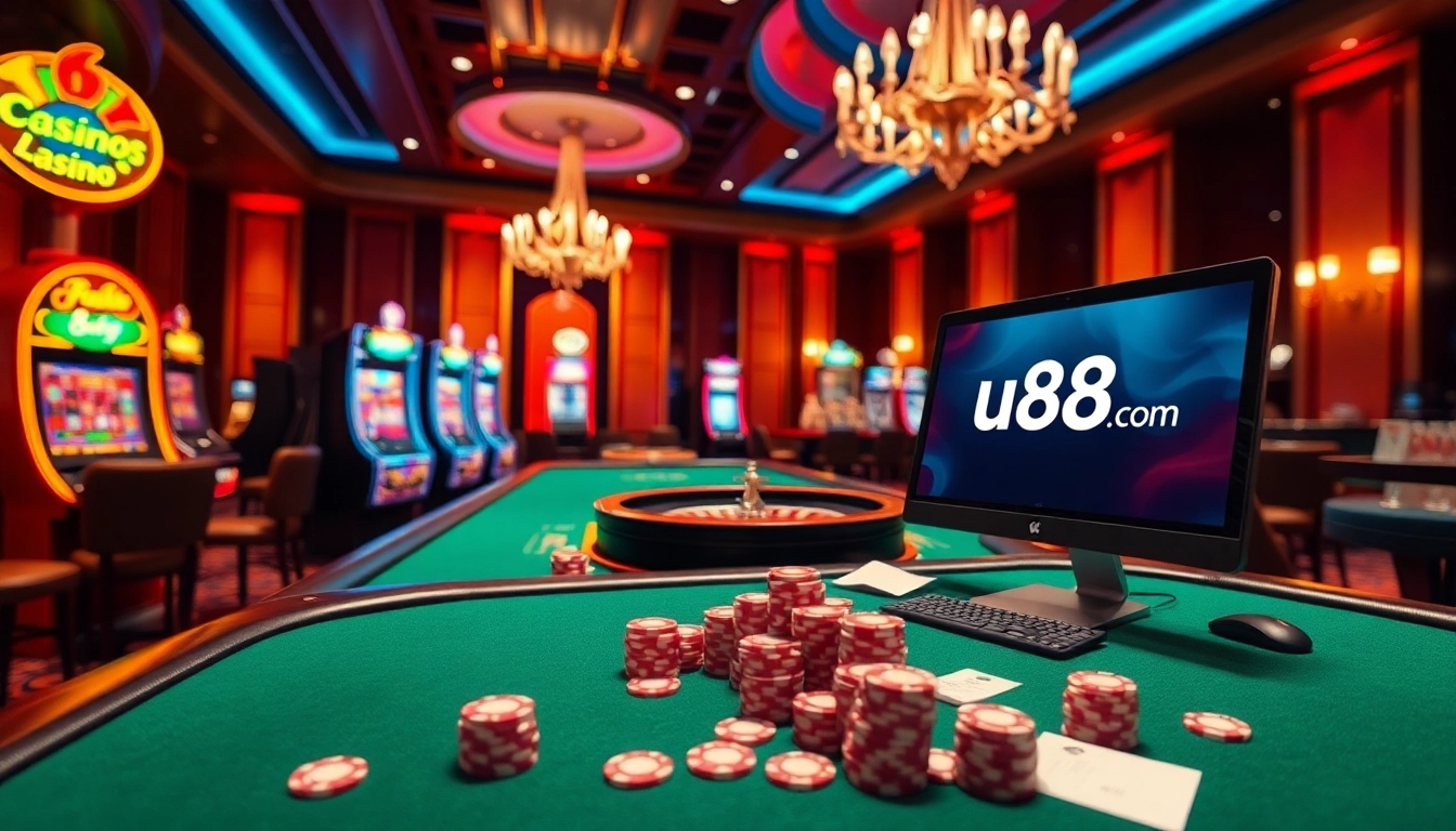 Engaging casino scene featuring poker tables and slot machines highlighting u888 com online gaming experience.