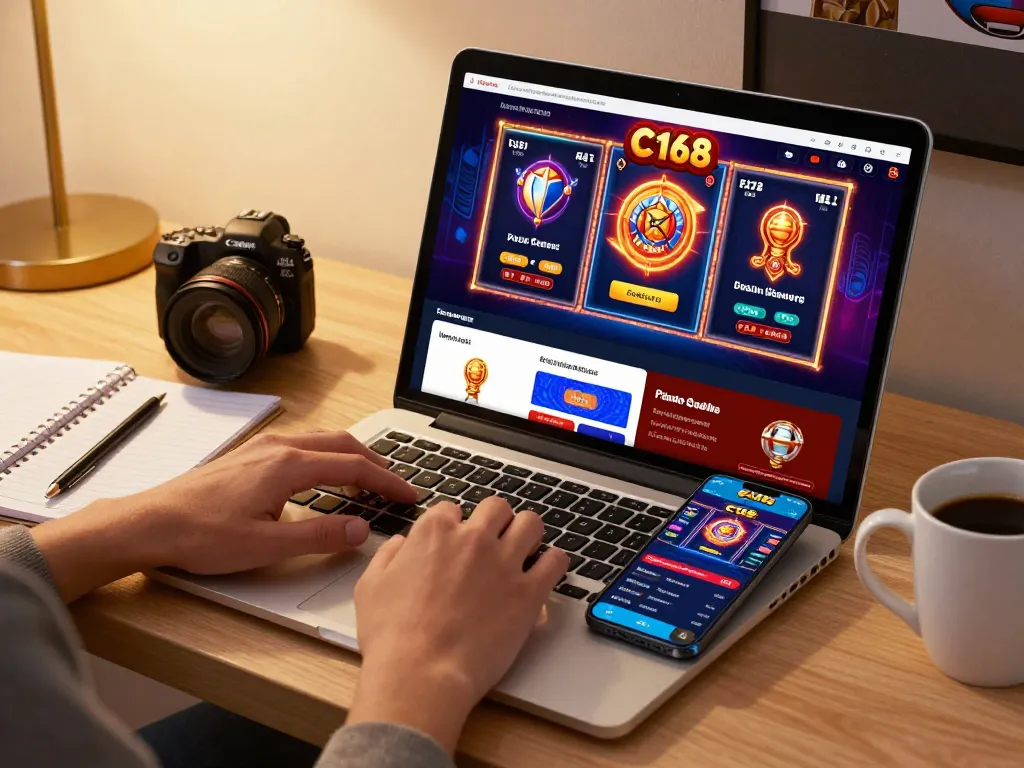 C168 player engaged in online gambling using a laptop and smartphone at a stylish workspace.