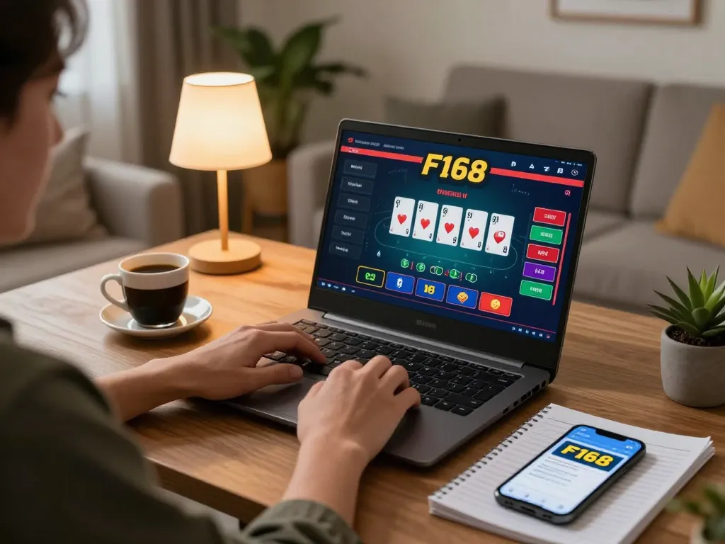 Engaging in strategic gameplay on F168 casino platform in a cozy home setting.