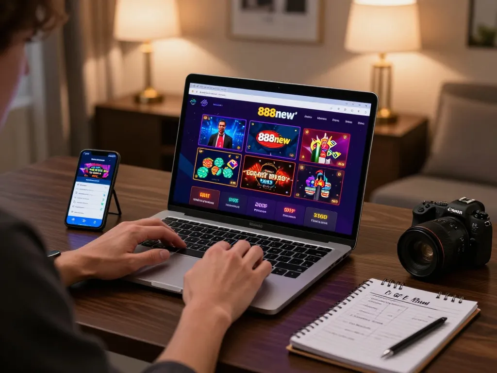 Engaged gambler utilizes 888new for online casino in a stylish home office setup.