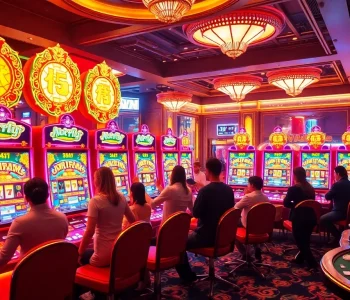 A player celebrating a big win at a colorful nổ hũ slot machine in a vibrant casino atmosphere.