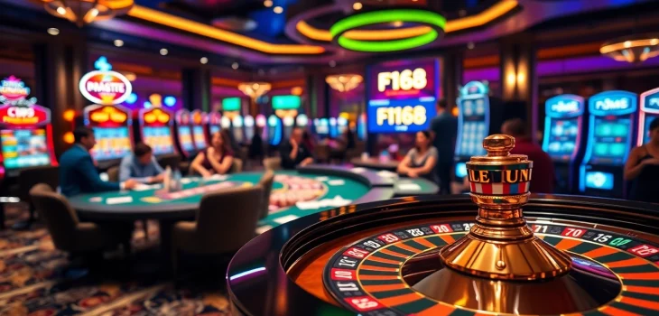 Intense gaming scene with F168 highlighted, showcasing roulette wheel and vibrant casino atmosphere.