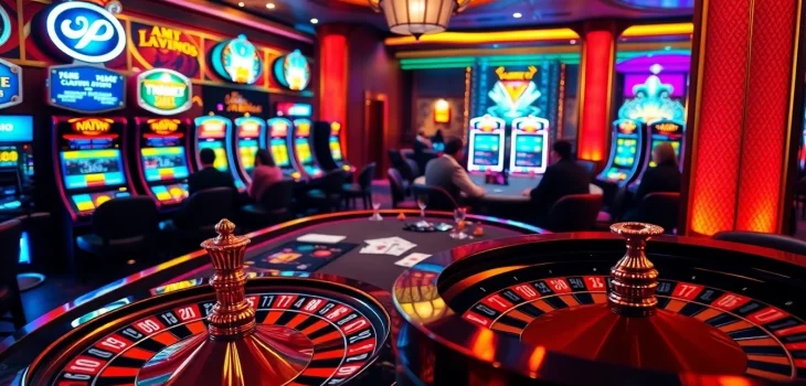 Players strategizing at a poker table with vibrant casino elements at https://56win.sale/.