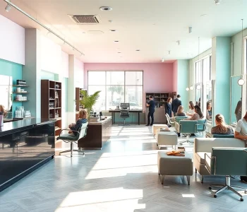 Omnia salon interior showcasing modern styling stations and Aveda products in a relaxing atmosphere.